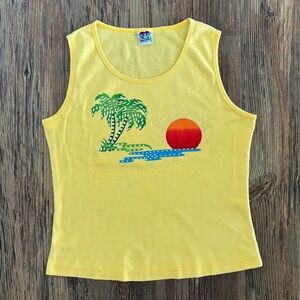 Angel Tattoo Tank Top Shirt Yellow Beach Sun Palm Trees Embellished No Size Tag